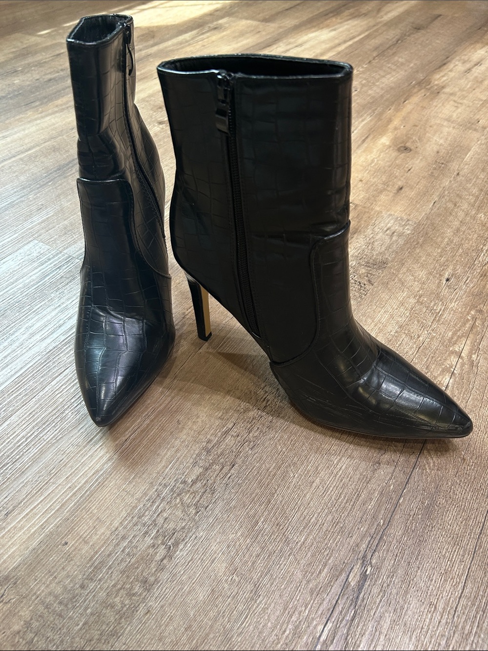 Black Croc-Embossed Pointed Toe Stiletto Ankle Boots